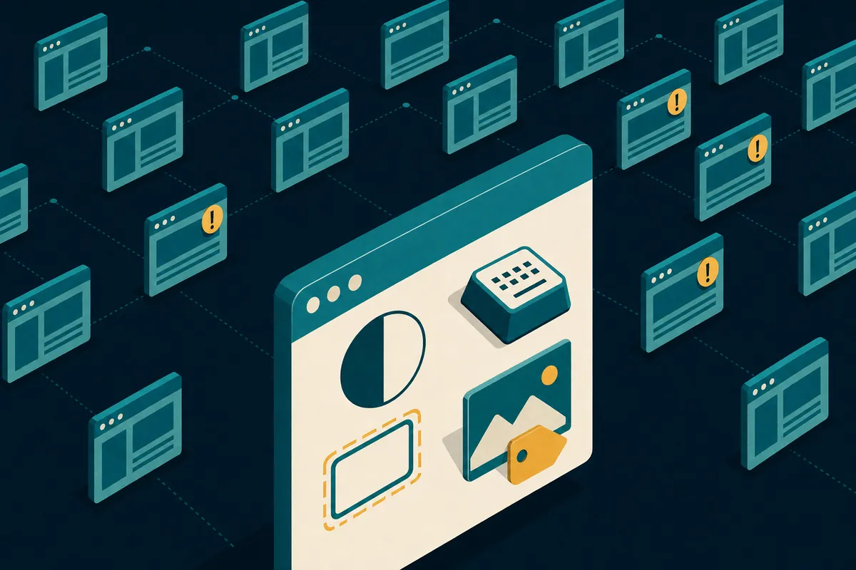 Illustration: ein Netz aus vielen Browserfenstern, einige mit Warnsymbol, davor ein großes Fenster mit Symbolen für Kontrast, Tastatur, Fokus und Alternativtext.