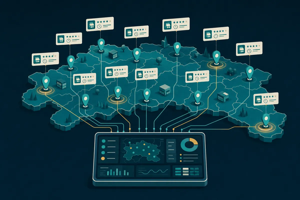 Illustration: eine Karte mit vielen Standort-Pins und Bewertungskarten, deren Daten in einem zentralen Dashboard zusammenlaufen.