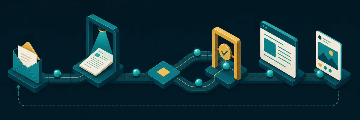 Illustration: ein Ablauf von der eingehenden Nachricht über Prüfung, Entscheidung und goldene Freigabestelle bis zur veröffentlichten Webseite und einem Social-Post, mit Rückkopplung zum Anfang.